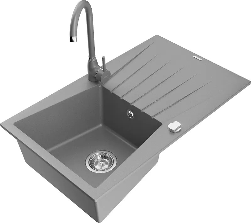 Mexen Cesar гранитна мивка с 1 камера, сушилник и кухненски смесител Telma, сив - 6514-71-670200-71