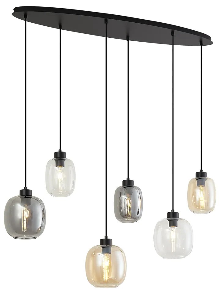 Висяща лампа черна с кехлибарено, димно и прозрачно стъкло 6 светлини - Елена