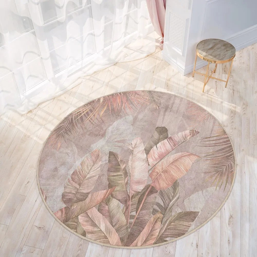 Светлорозов кръгъл килим подходящ за пране ø 100 cm Dusty Leaves – Mila Home