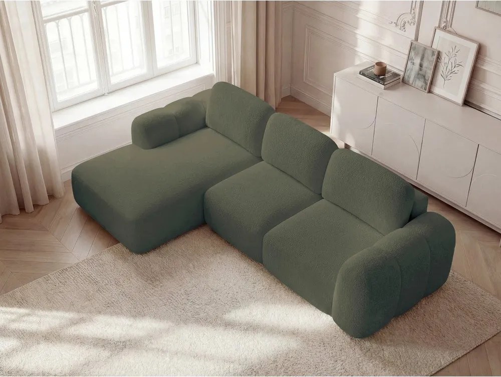 Зелен сгъваем/с място за съхранение ъглов диван от прежда с примки от букле (ляв ъгъл) Montaigne – Bobochic Paris