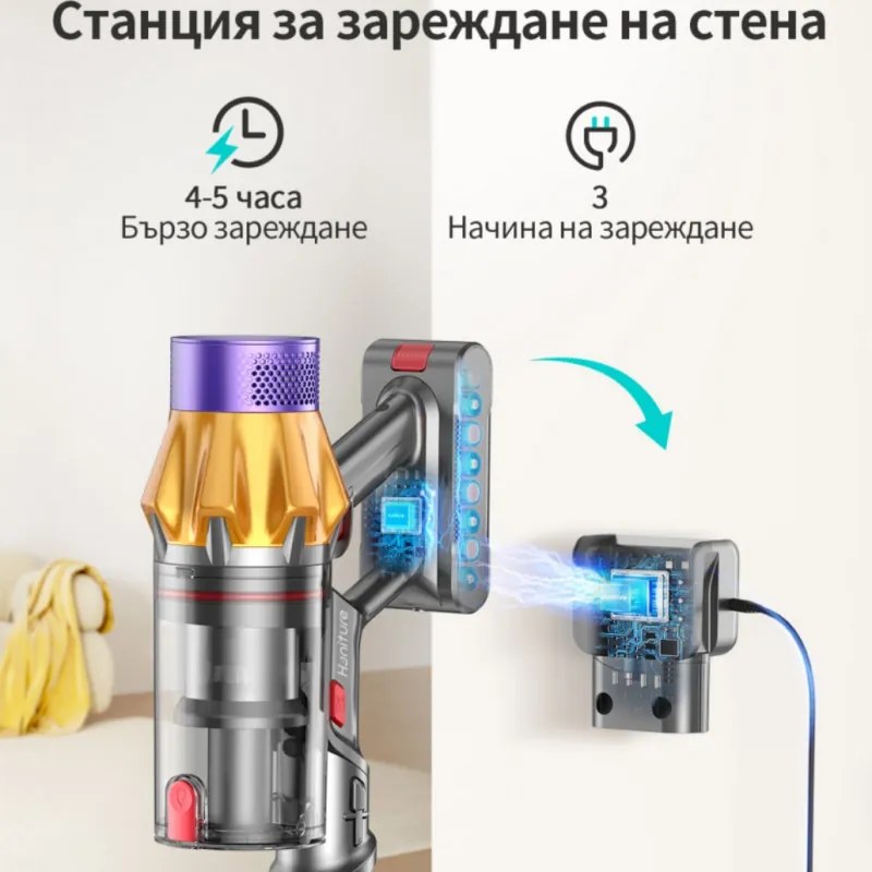 Вертикална прахосмукачка Honiture X7 CJD239, 550W, 45 KPa, 1.5 л, 60 мин, 3 режима, Регулируема височина, HEPA, Тъчскрийн, LED четка, Никел/жълт