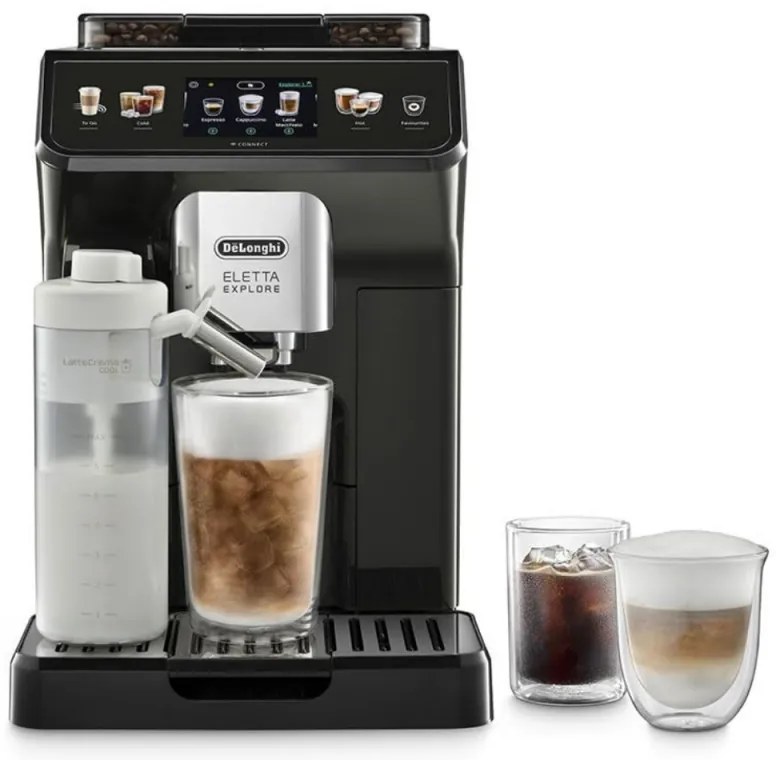 Кафеавтомат DeLonghi Eletta Explore ECAM450.65.G, 1450W, 19 bar, 1.8l, Wi-Fi, Сензорен TFT дисплей, LatteCrema hot/cool, Twin Shot, To-Go, +Мляно кафе, Черен/сив