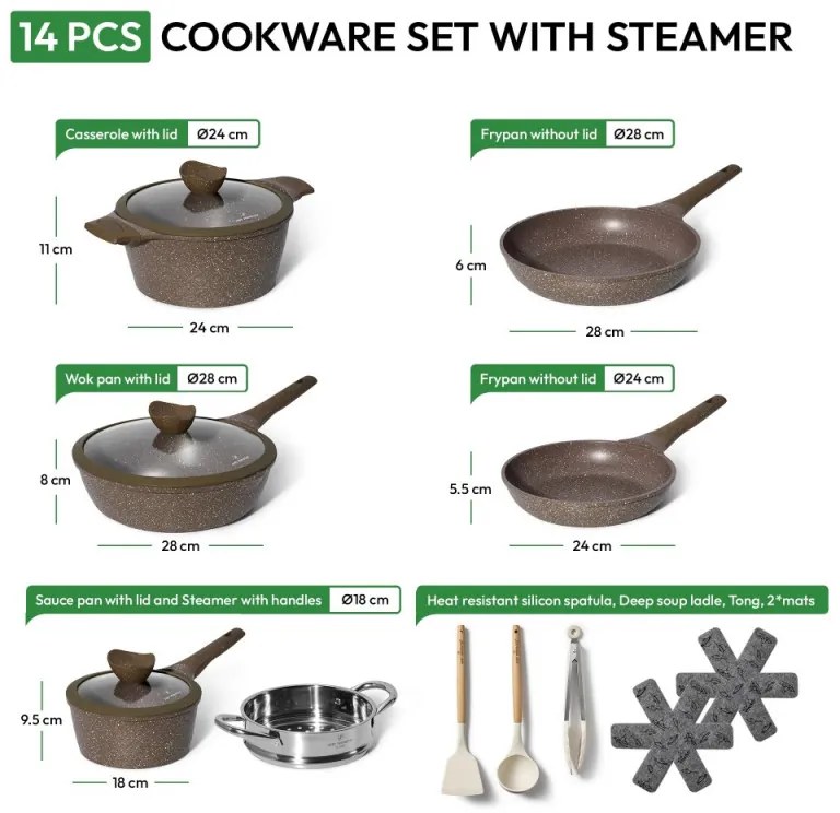 Комплект тенджери и тигани Just Perfecto JL-26, 14 ч, Отливка, Мраморно покритие, Индукция, Съд за готвене на пара, Аксесоари, Кафяв