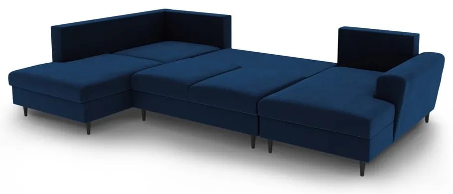 Син кадифен разтегателен ъглов диван с място за съхранение (ляв ъгъл/U форма) Kyoto – Cosmopolitan Design