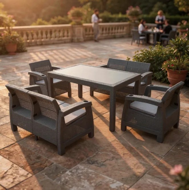 Комфортен градински терасен комплект с 6 места във вид на ратан