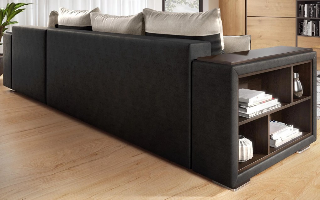 Разтегателен ъглов диван с подлакътник етажерка Мелвин