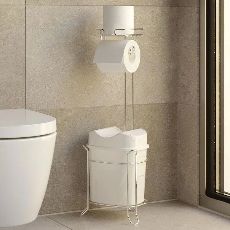 Стояща поставка за тоалетна хартия TEKNO TEL MG-098WK , с кошче , хром-бяло