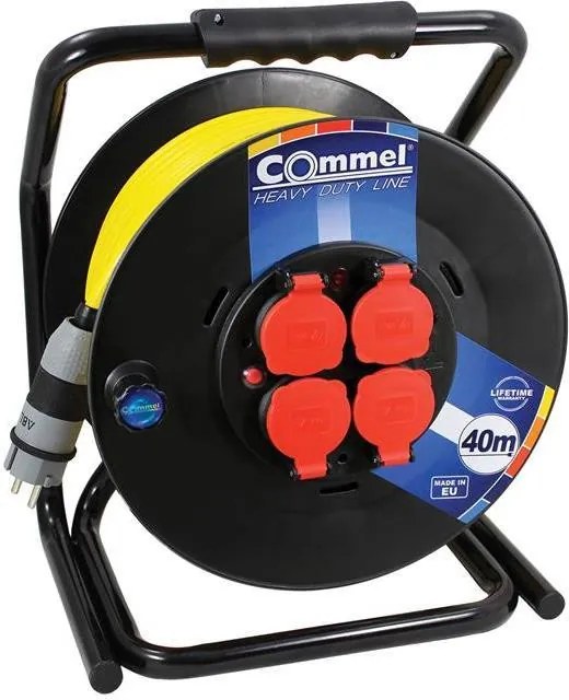 COMMEL Макара черна 30м IP44 AT N07V3V3-F 3G1.5mm2 жълт термична защита 4 шуко квадратна рамка  - C200-367