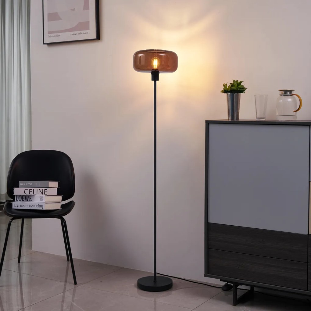 Ретро подова лампа черна с бронзово стъкло - Bizle