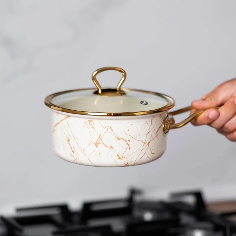 Касерола със стъклен капак Goldmann GM 4521-18B, 18x9 см, 2л, Емайл, Индукция, Бял/Старо Злато