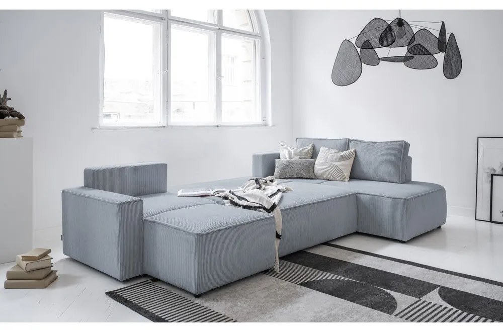 Светлосив разтегателен ъглов диван от рипсено кадифе (десен ъгъл/"U" форма) Brave Dave – Miuform