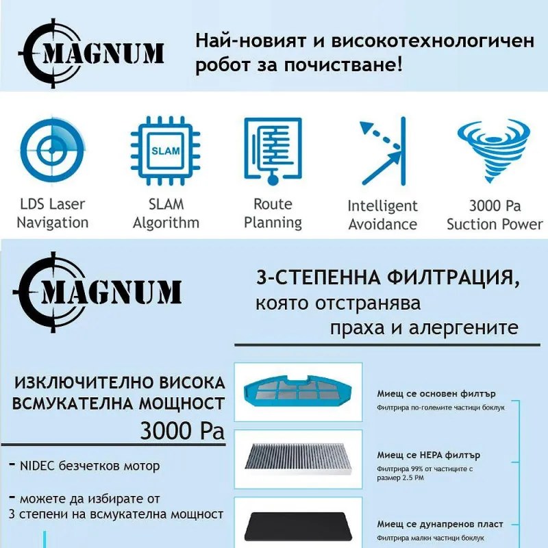 Прахосмукачка робот MAGNUM MAX, Li-ion 3200 mAh, 42W, SMART, 3000 Pa, 0.24 l, Wi-Fi, Гласов контрол, Сухо и мокро почистване, График, HEPA, Разпознаване на стаи, Бял