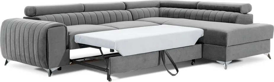 Сив кадифен разтегателен ъглов диван с място за съхранение (десен ъгъл L форма) Laurence – ELTAP
