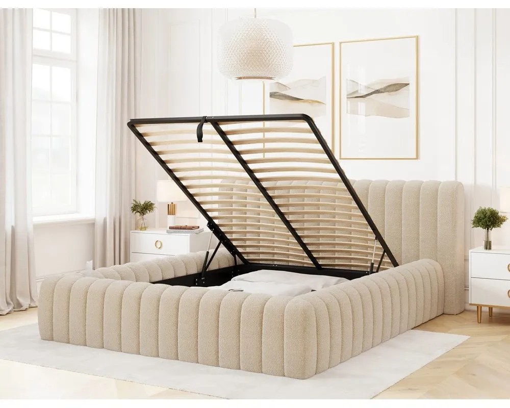 Бежово двойно легло 140x200 cm тапицирано с място за съхранение с включена подматрачна рамка Carilla – ELTAP