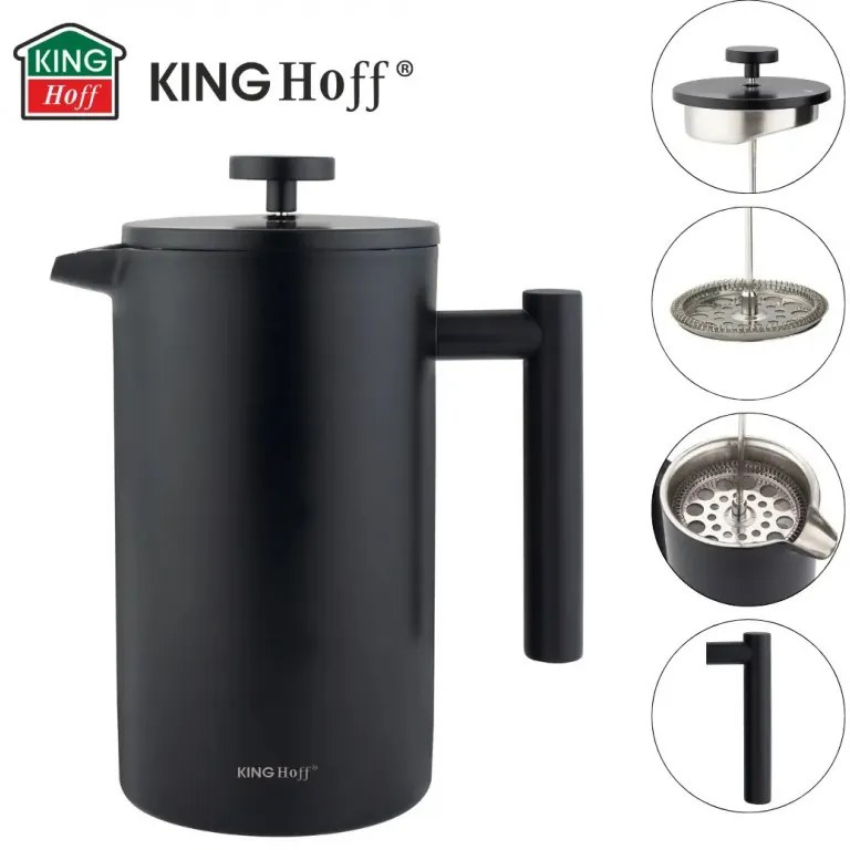 Френска преса за кафе/чай Kinghoff KH 1996, 1 л, Неръждаема стомана, Двойни стени, Черен