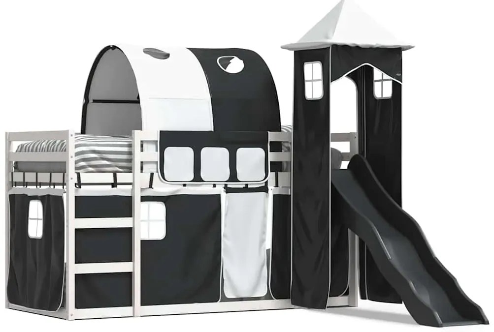 3284164 vidaXL Двуетажно легло с пързалка и завеси, бяло и черно, 90x200 см