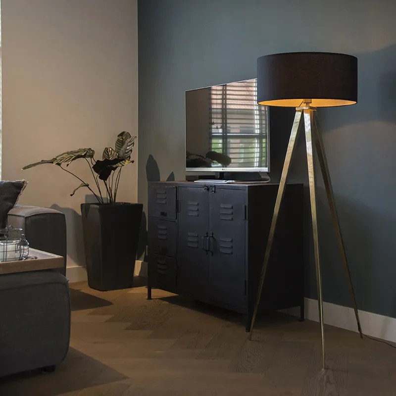 Модерна подова лампа месинг с черен абажур - Ilse