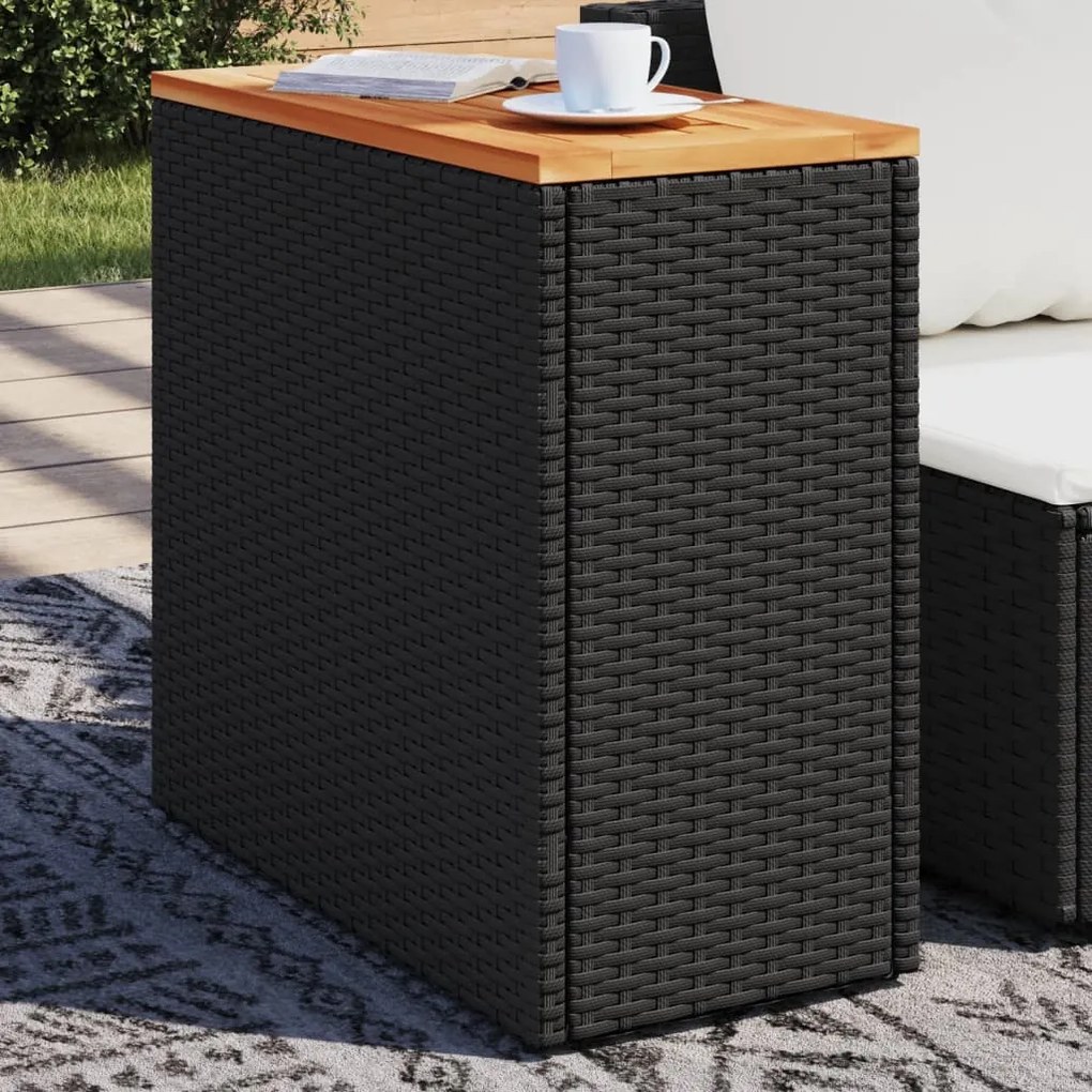 365983 vidaXL Градинска странична маса с дървен плот, черна, 58x27,5x55 см, полиратан