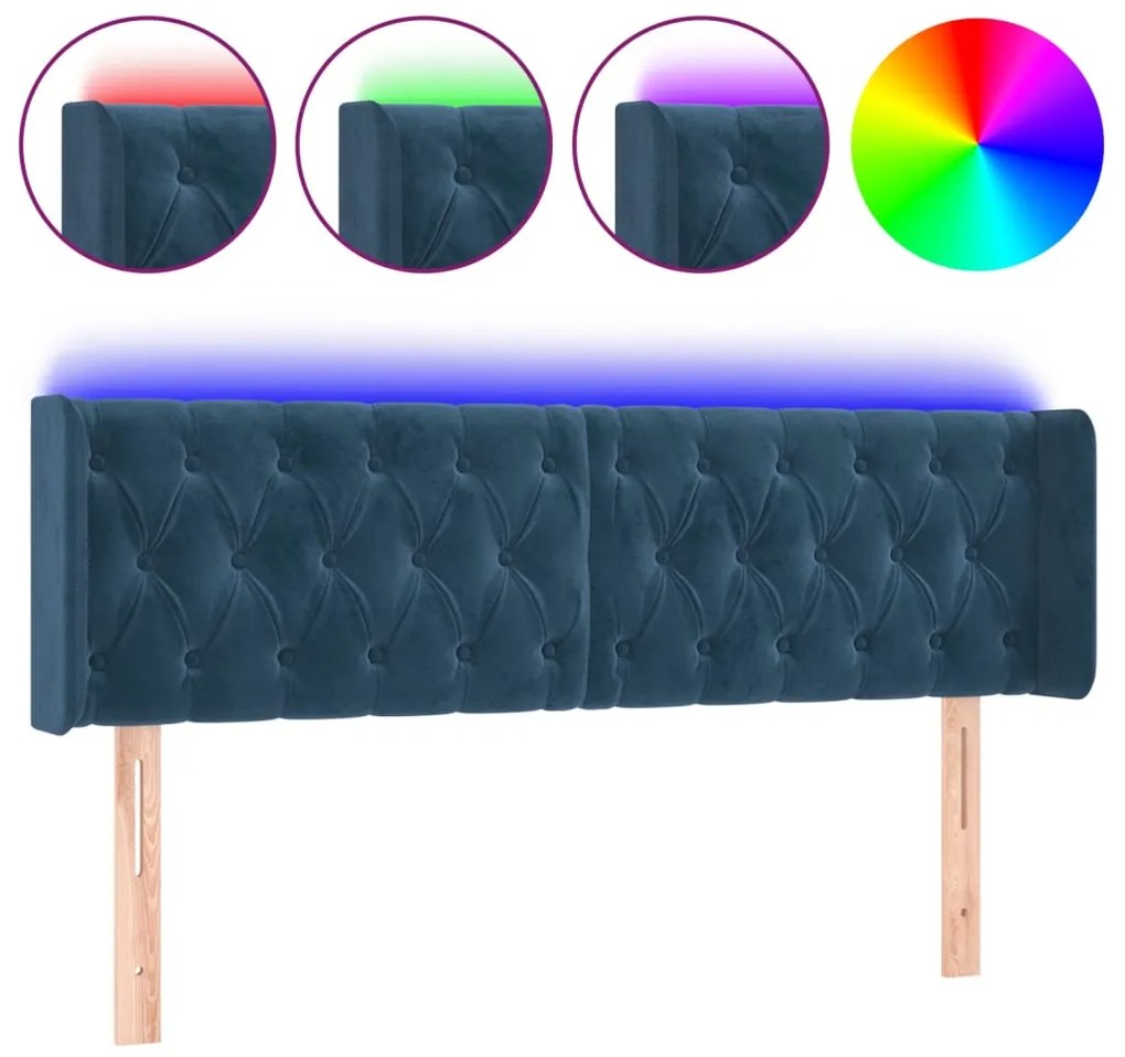 3123624 vidaXL LED горна табла за легло, тъмносиня, 147x16x78/88 см, кадифе