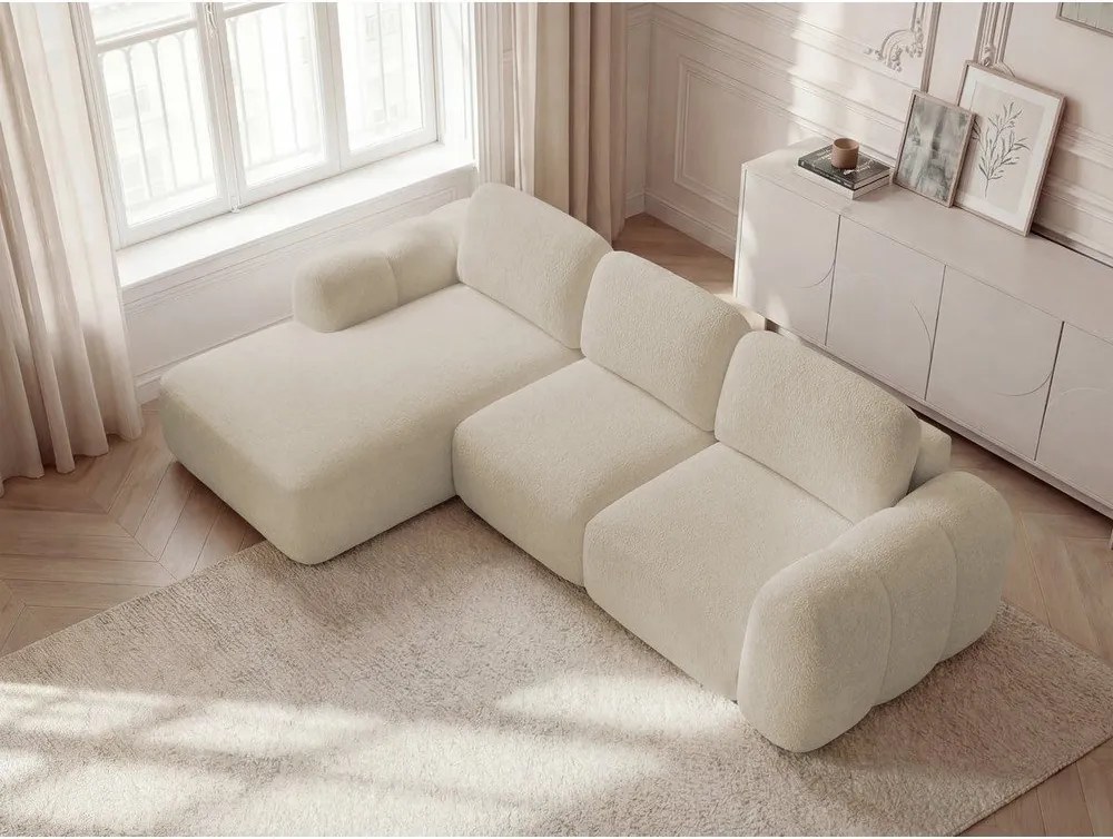 Бежов сгъваем/с място за съхранение ъглов диван от прежда с примки от букле (ляв ъгъл) Montaigne – Bobochic Paris