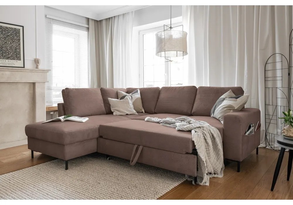 Кафяв разтегателен ъглов диван от рипсено кадифе (ляв ъгъл) Lofty Lilly – Miuform