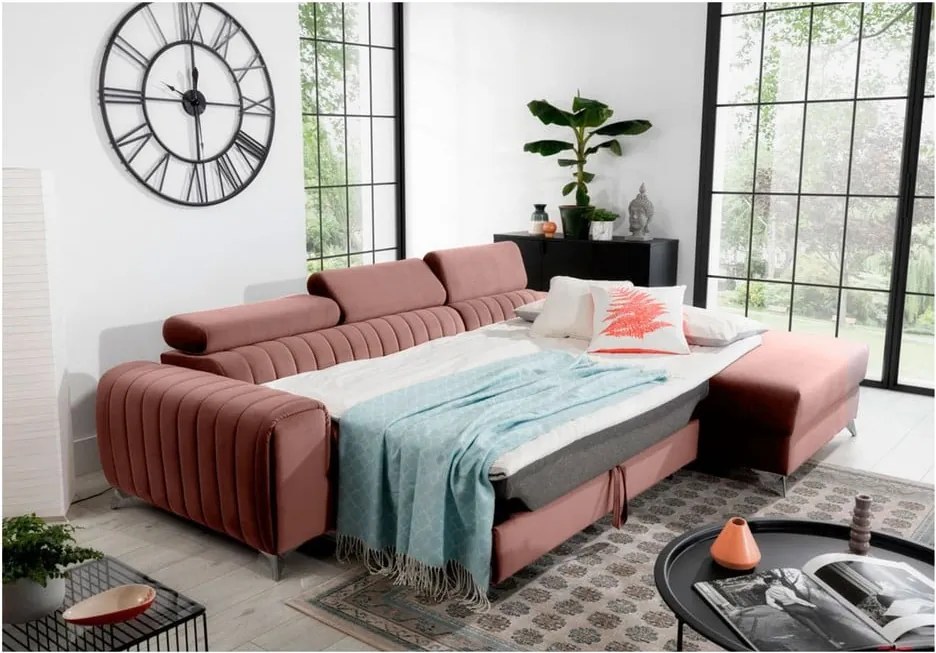 Розов кадифен разтегателен ъглов диван с място за съхранение (десен ъгъл) Grayson – ELTAP