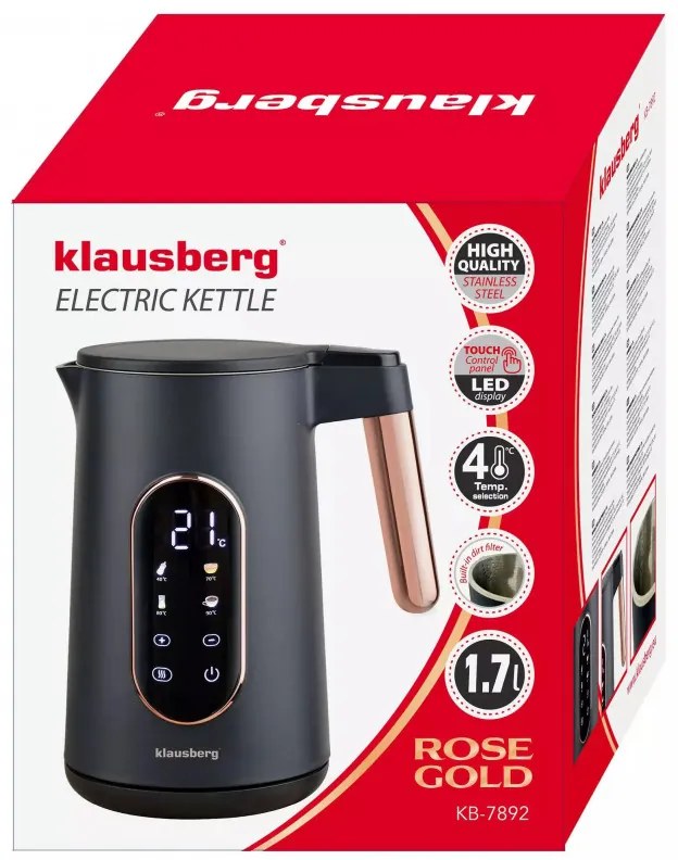 Електрическа кана Klausberg KB 7892, 2200W, 1.7 л, 13 настройки, 4 програми, LED дисплей, Въртяща се основа, Черен/Розово злато