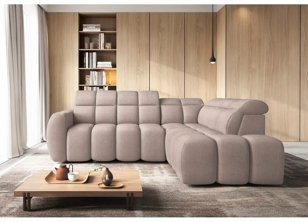 Светлокафяв разтегателен ъглов диван с място за съхранение от букле (десен ъгъл L форма) Falconn – ELTAP