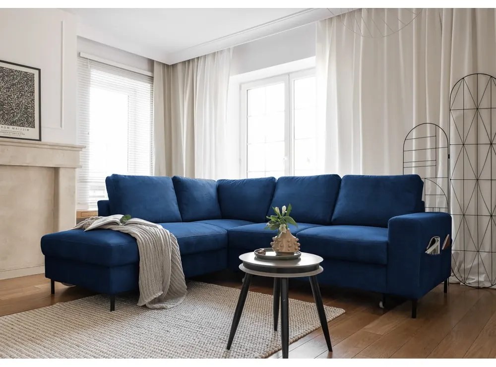 Тъмносин разтегателен ъглов диван от рипсено кадифе (ляв ъгъл) Lofty Lilly – Miuform