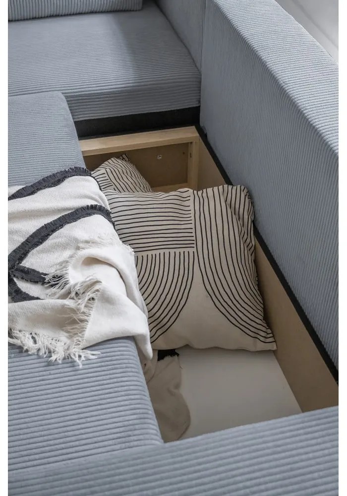 Светлосив разтегателен ъглов диван от рипсено кадифе (променлив) Brave Dave – Miuform