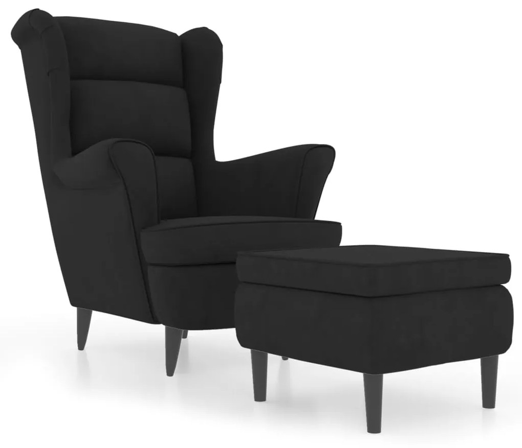 3115937 vidaXL Фотьойл Wingback с табуретка, черен, кадифе