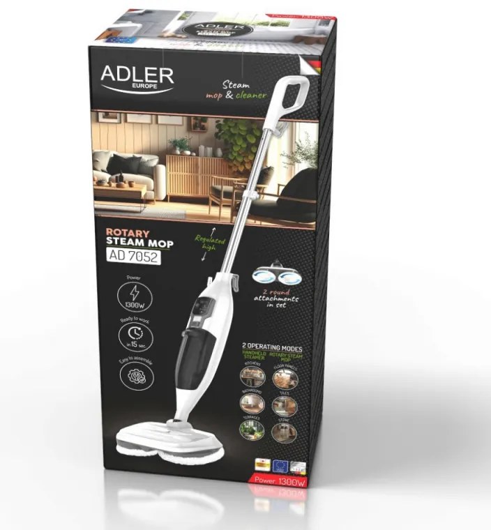 Моп за чистене с пара Adler AD 7052, 1300 W, 3 настройки, 0.550 л, 2 въртящи се глави, 2 режима на работа, Бързо загряване, Бял