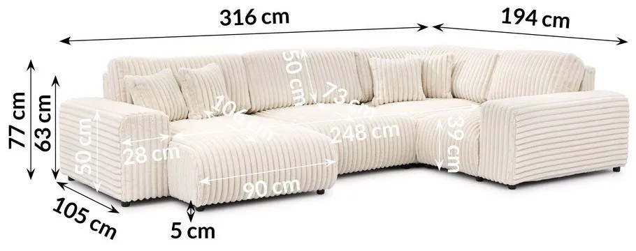 Кремав ъглов диван от рипсено кадифе (десен ъгъл/U форма) Justin – Ropez