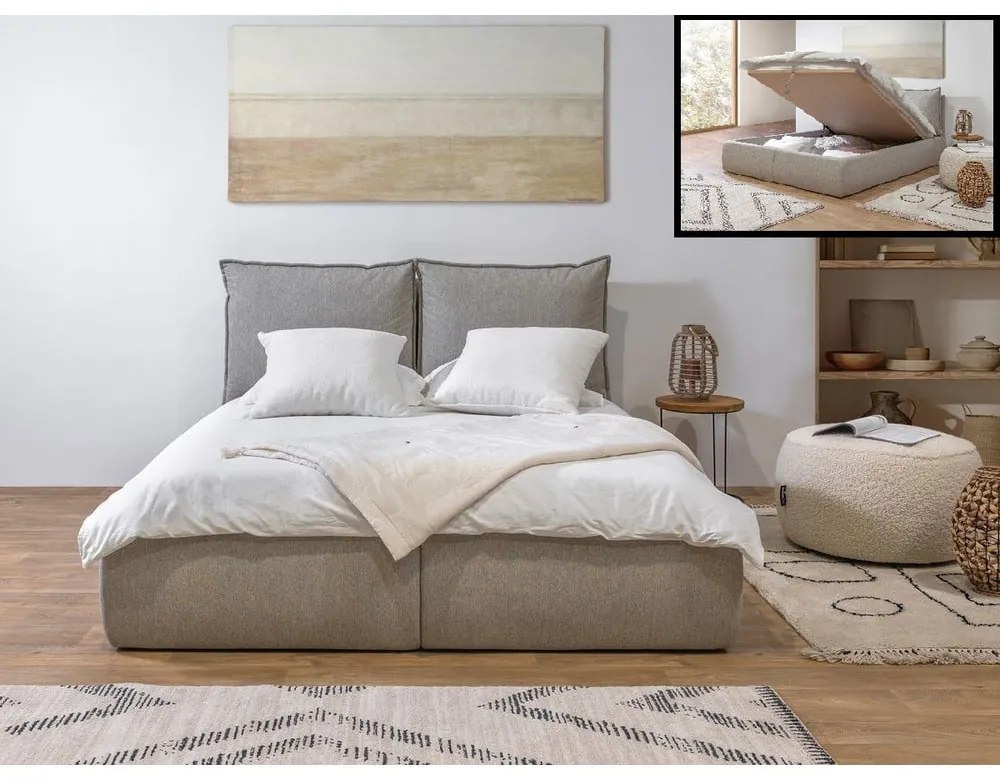 Бежово двойно тапицирано легло с място за съхранение с включена подматрачна рамка 180x200 cm Garance – Bobochic Paris