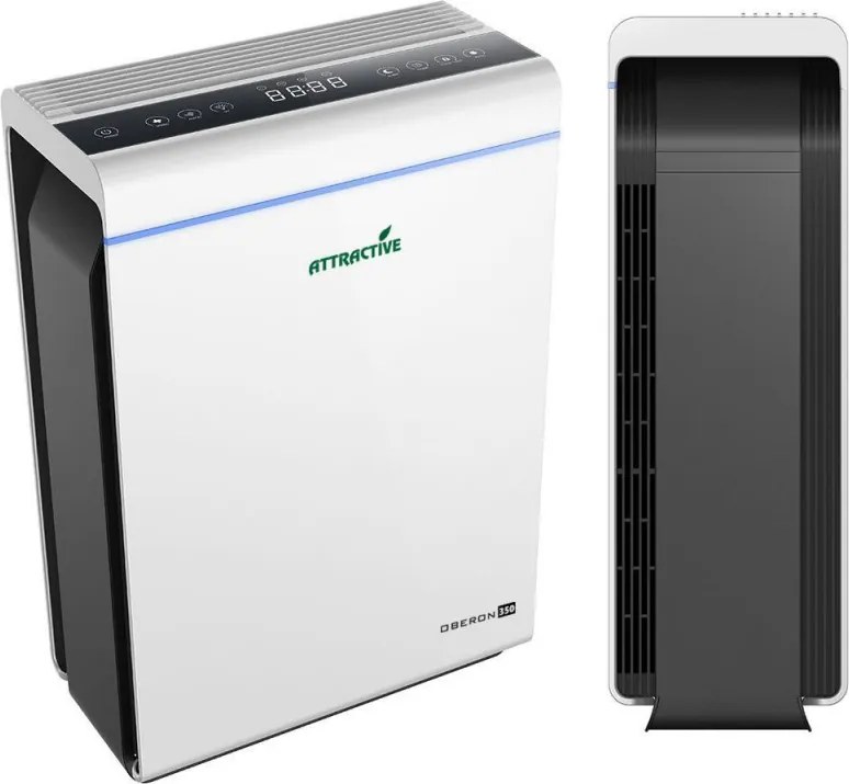 Пречиствател за въздух Attractive Oberon 350, 85W, За до 65 м2, 350 м3/ч, 3 скорости, WiFi, Йонизация, Интелигентни сензори, Дистанционно, Тъчскрийн, Бял/черен