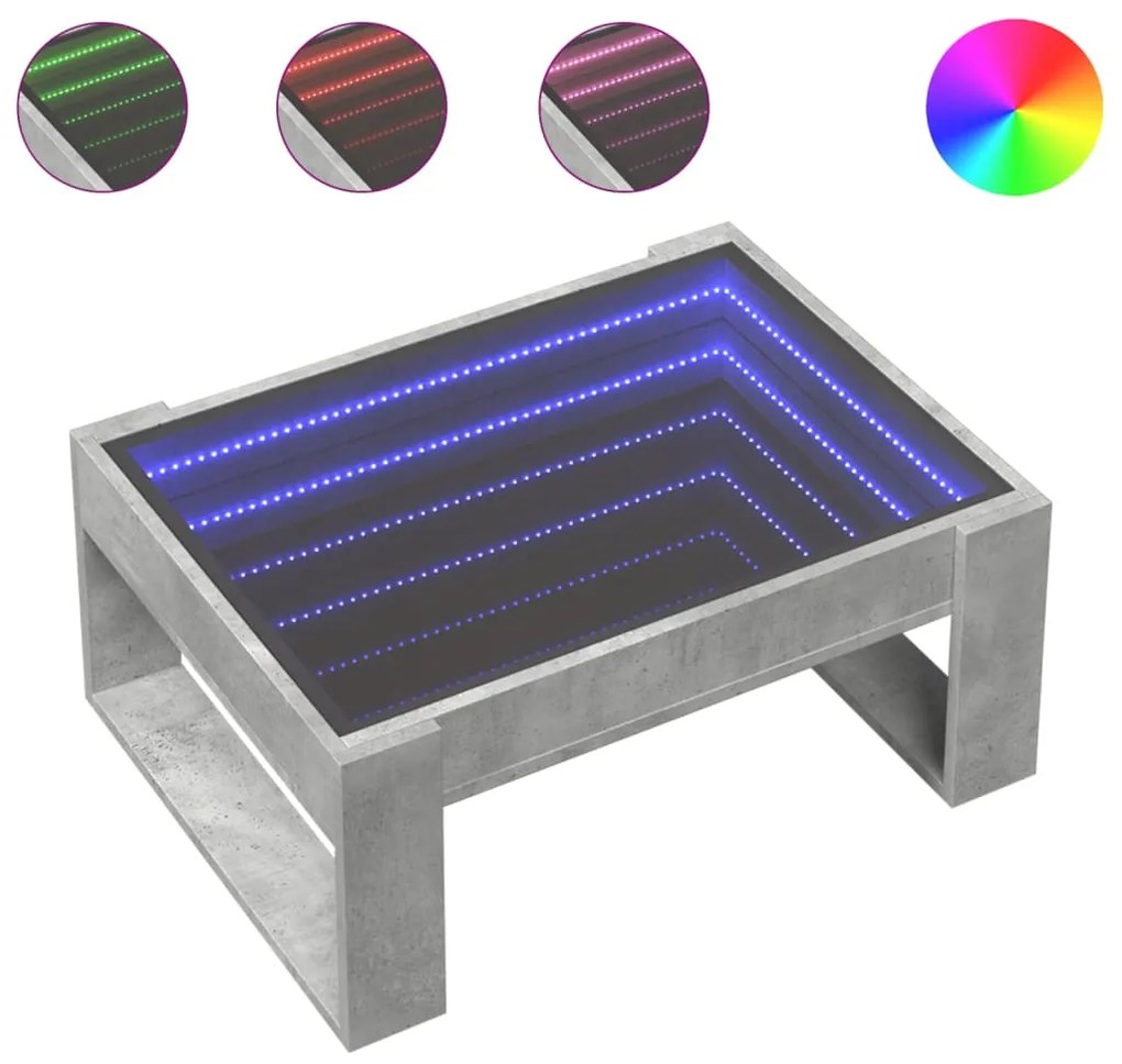 847633 vidaXL Маса за кафе с Infinity LED, бетонно сив, 70x53x30 см