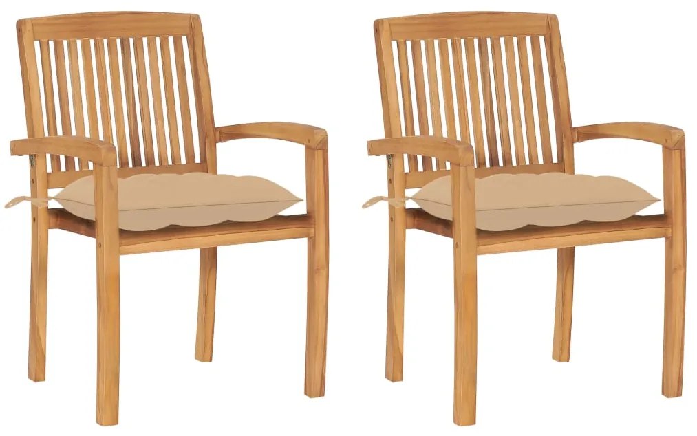 3063270 vidaXL Градински столове, 2 бр, бежови възглавници, тиково дърво масив