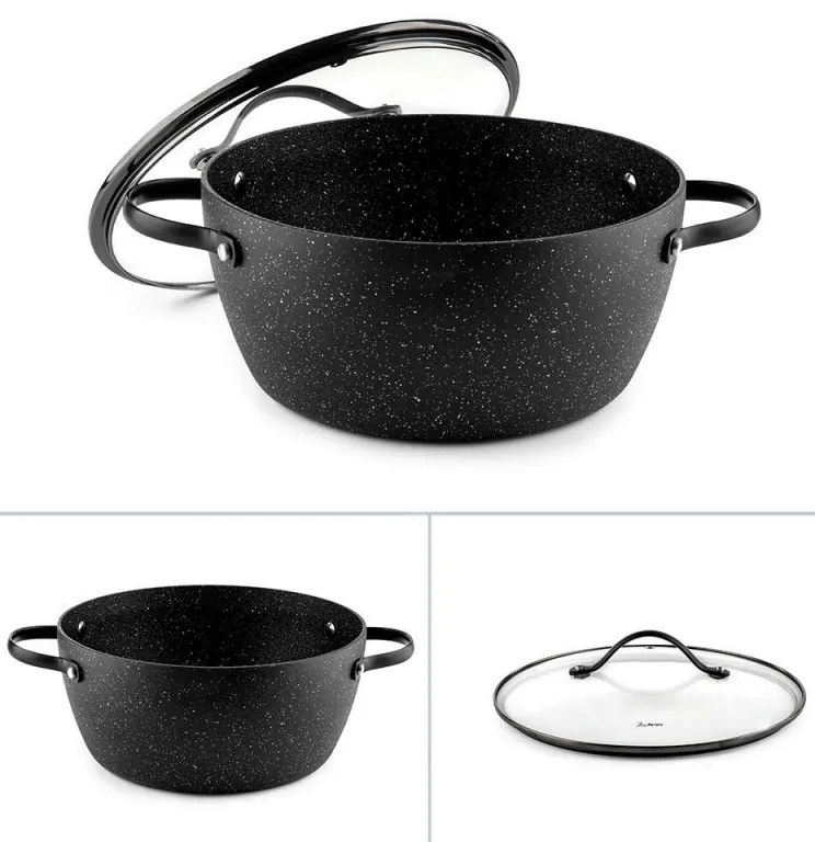 Тенджера Luigi Ferrero Symphony FR-2410, 24x11.5 см, 4.3 л, Незалепващо покритие, Стъклен капак с отвор за пара, Стоманени дръжки с PVD, Индукция, Черен мрамор