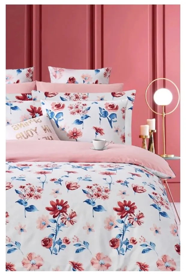 Бяло розово двойно удължено спално бельо от памук Renforcé с включен долен чаршаф 4 части 200x220 cm – Mila Home