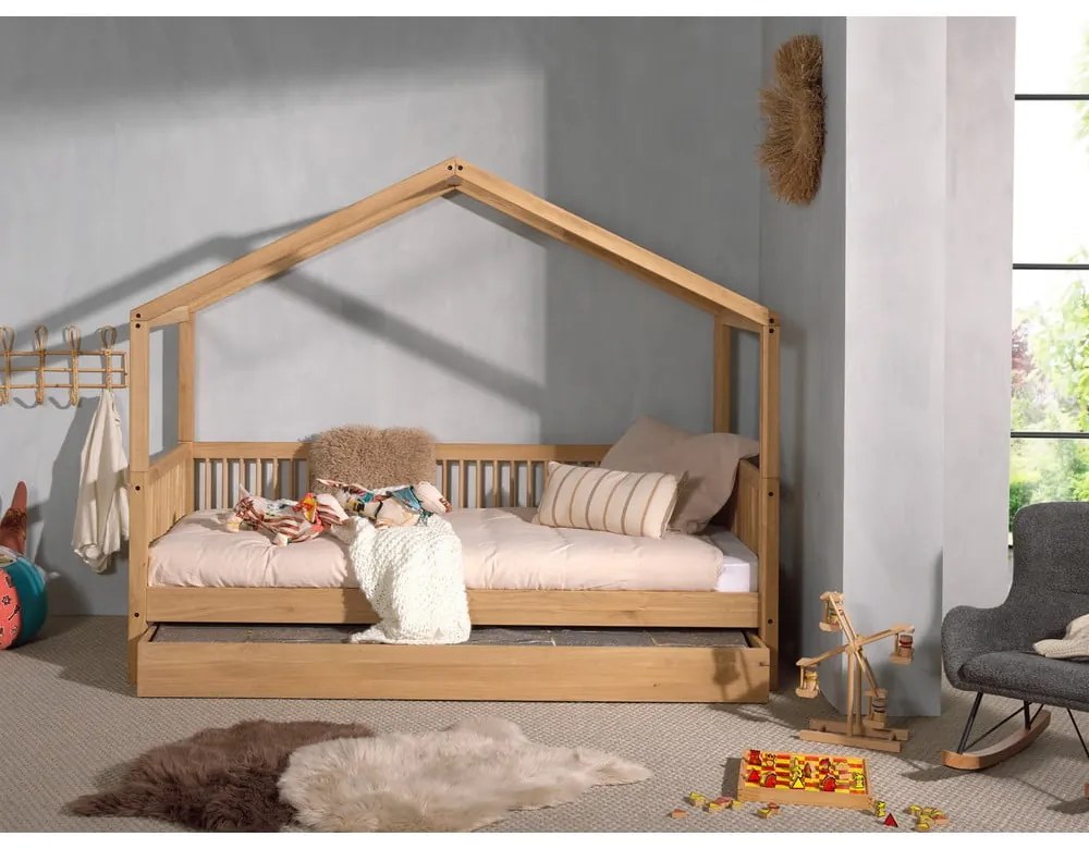 Разтегателно детско легло тип къща от масивен дъб в естествен цвят 90x200 cm Forrest – Vipack