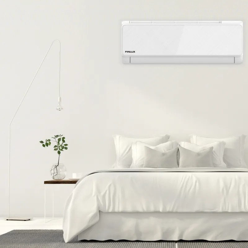 Инверторен климатик Finlux 24QUA58LIS, 24000 BTU, 55 м2, A+++, Wi-Fi, Нагревател на външно тяло, Плазмен филтър, 4D обдухване, Бял