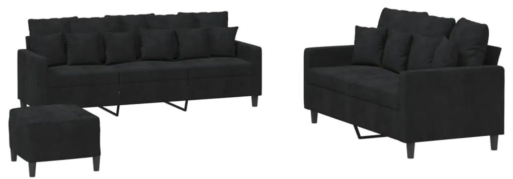 3201735 vidaXL Комплект дивани от 3 части с възглавници, черен, кадифе