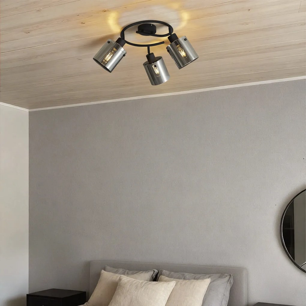 Дизайнерски плафон черен с опушено стъкло кръгъл 3-лампи - Domo