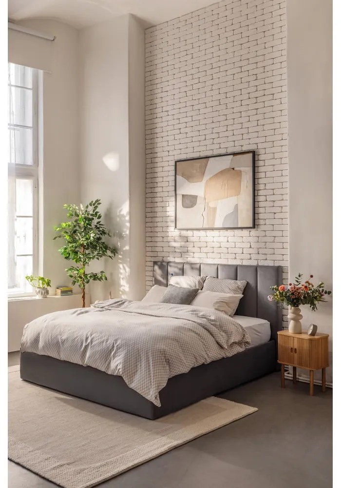 Сиво тапицирано двойно легло с място за съхранение и включена подматрачна рамка 160x200 cm Thessa Bold Line – Bonami Selection