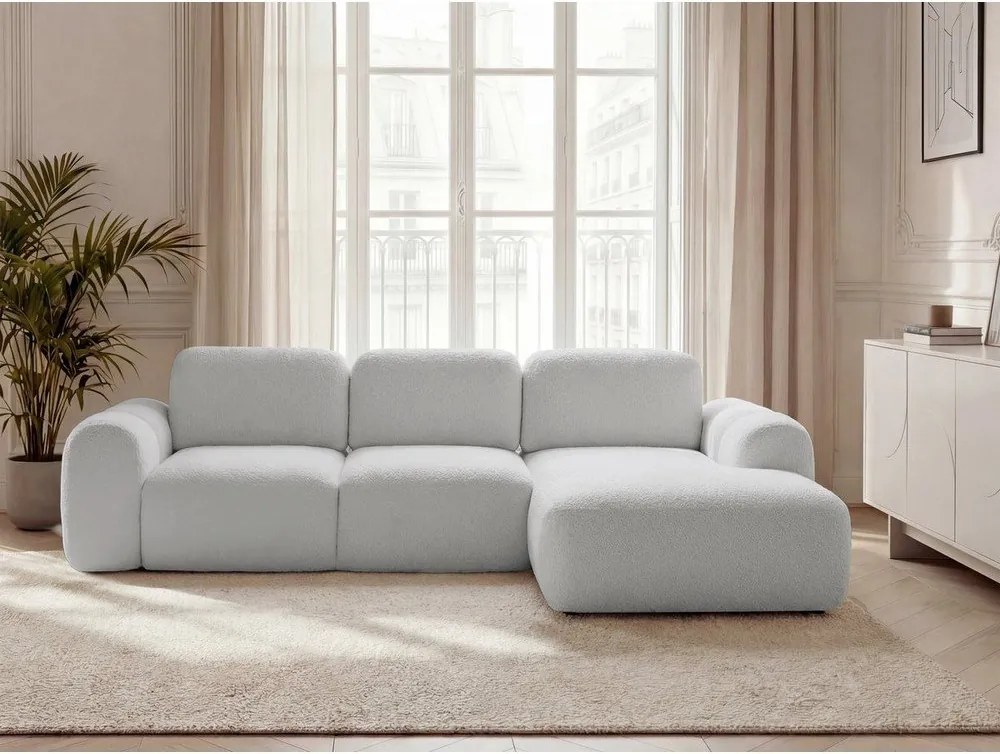 Светлосив сгъваем/с място за съхранение ъглов диван от прежда с примки от букле (десен ъгъл) Montaigne – Bobochic Paris