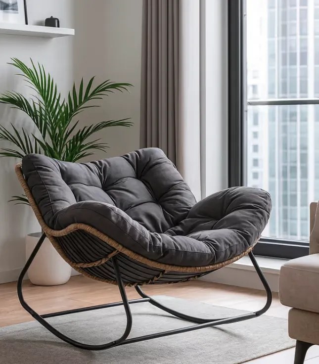 Релаксиращ люлеещ се стол със сива възглавница