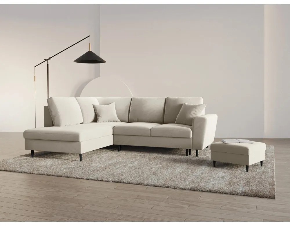 Бежов кадифен разтегателен ъглов диван с място за съхранение (ляв ъгъл/L форма) Kyoto – Cosmopolitan Design