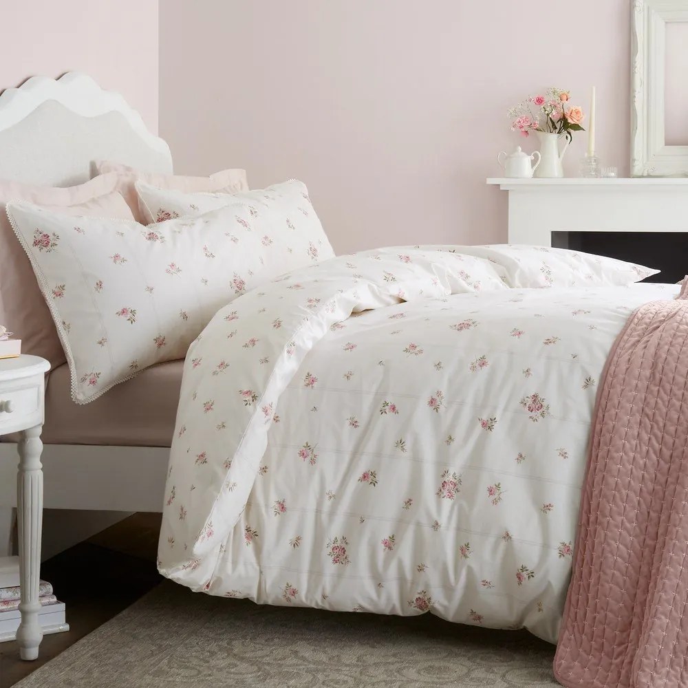 Кремаво двойно 3 части спално бельо от памук перкал 200x200 cm Vintage Rosebud Lace – Bianca