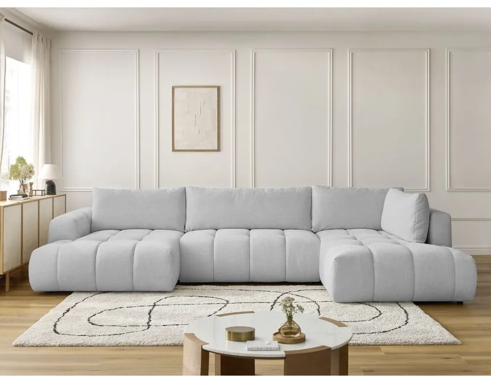 Светлосив сгъваем/с място за съхранение ъглов диван (десен ъгъл/U форма) Fuji – Bobochic Paris