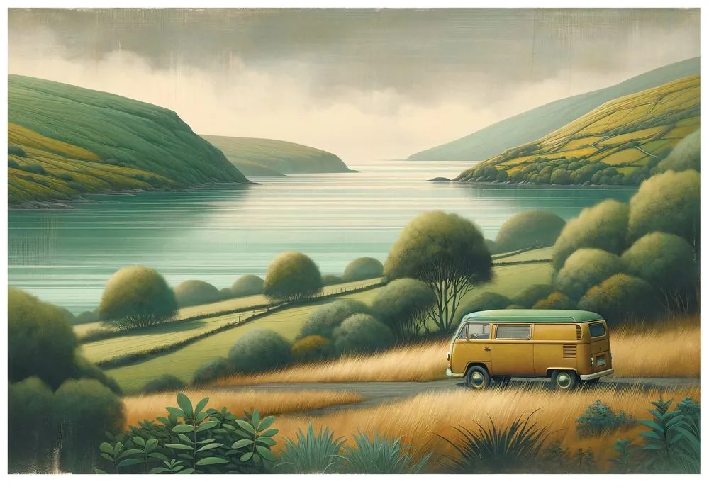 Тапет – Ретро ван в живописен пейзаж